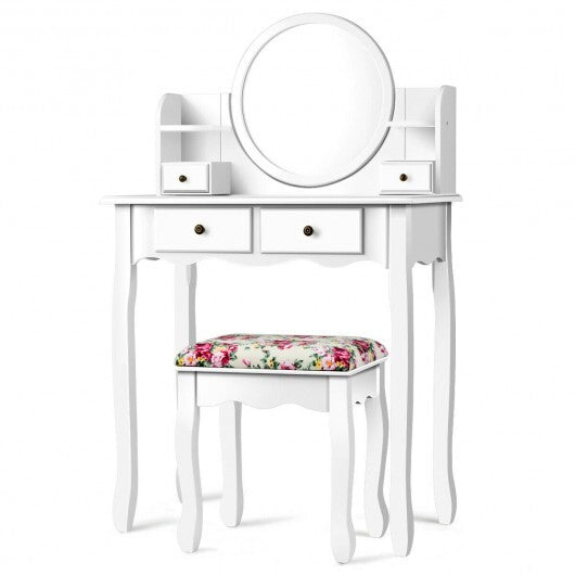 Makeup Vanity Table Set Girls Dressing Table with Drawers Oval Mirror-Black W2B