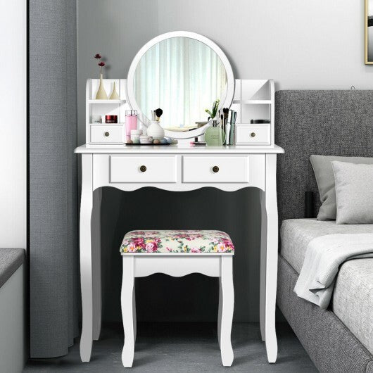 Makeup Vanity Table Set Girls Dressing Table with Drawers Oval Mirror-Black W2B