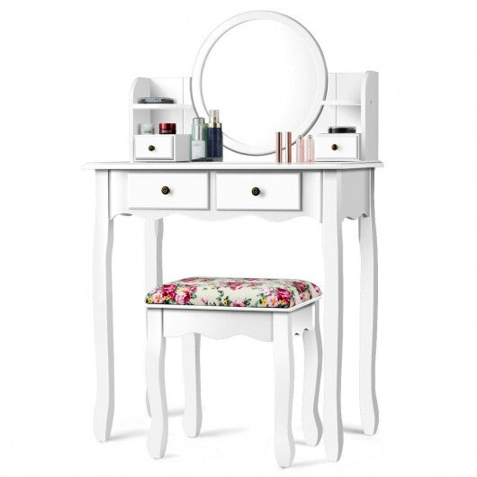 Makeup Vanity Table Set Girls Dressing Table with Drawers Oval Mirror-Black W2B