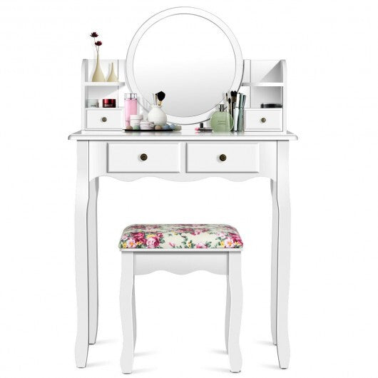 Makeup Vanity Table Set Girls Dressing Table with Drawers Oval Mirror-Black W2B