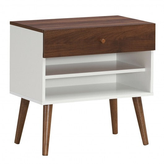 Mid-Century Nightstand with Drawer and Rubber Wood Legs W2B