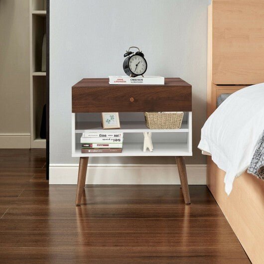 Mid-Century Nightstand with Drawer and Rubber Wood Legs W2B