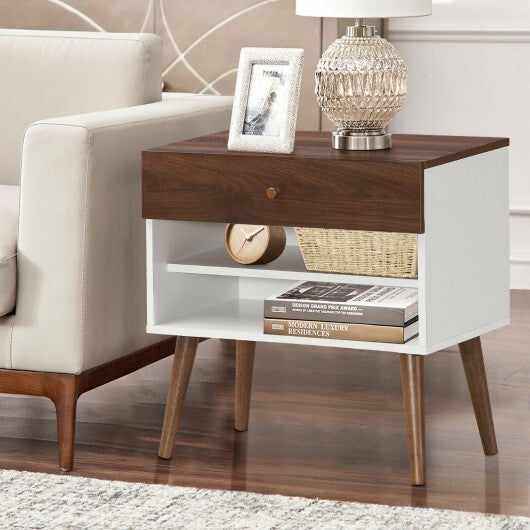 Mid-Century Nightstand with Drawer and Rubber Wood Legs W2B
