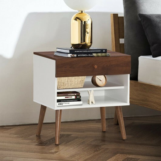Mid-Century Nightstand with Drawer and Rubber Wood Legs W2B
