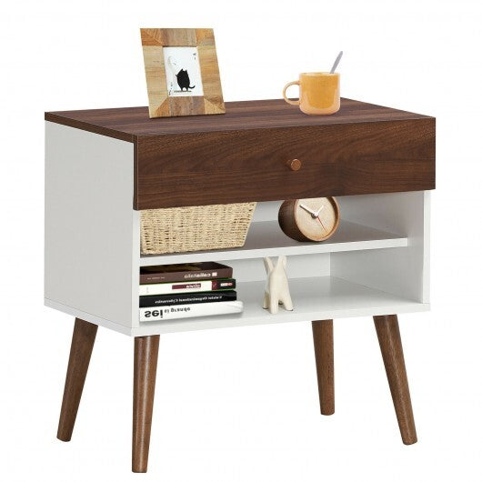 Mid-Century Nightstand with Drawer and Rubber Wood Legs W2B