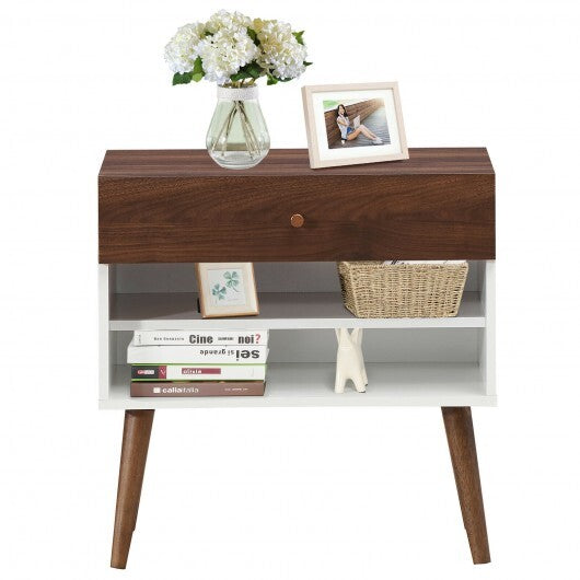 Mid-Century Nightstand with Drawer and Rubber Wood Legs W2B