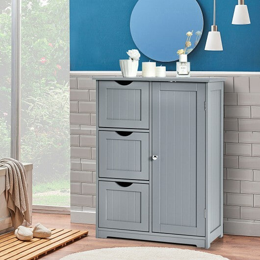 Bathroom Floor Cabinet Side Storage Cabinet with 3 Drawers and 1 Cupboard-Gray - Color: Gray W2B
