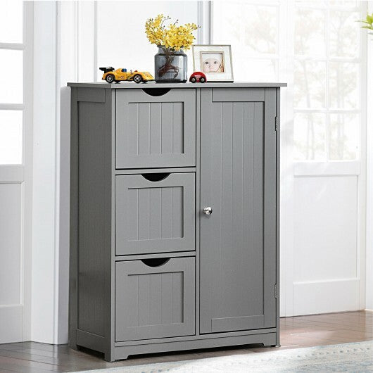 Bathroom Floor Cabinet Side Storage Cabinet with 3 Drawers and 1 Cupboard-Gray - Color: Gray W2B