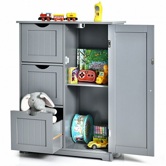 Bathroom Floor Cabinet Side Storage Cabinet with 3 Drawers and 1 Cupboard-Gray - Color: Gray W2B
