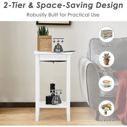 Set of 2 Versatile 2-Tier End Table with Storage Shelf-White W2B