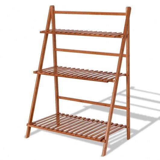 3-Tier Bamboo Ladder Shelf Foldable Plant Flower Bookshelf-Brown W2B
