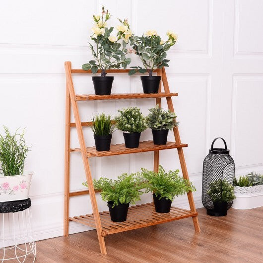 3-Tier Bamboo Ladder Shelf Foldable Plant Flower Bookshelf-Brown W2B