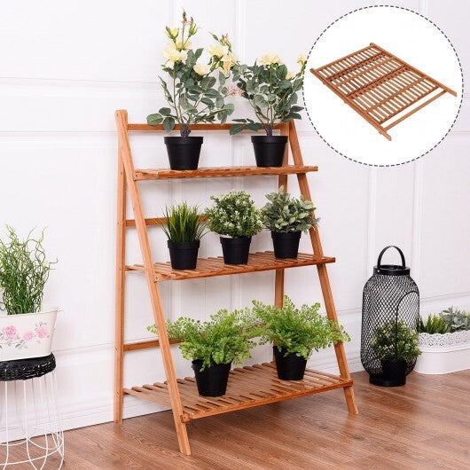 3-Tier Bamboo Ladder Shelf Foldable Plant Flower Bookshelf-Brown W2B