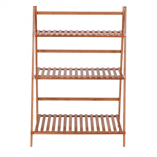 3-Tier Bamboo Ladder Shelf Foldable Plant Flower Bookshelf-Brown W2B