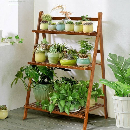 3-Tier Bamboo Ladder Shelf Foldable Plant Flower Bookshelf-Brown W2B