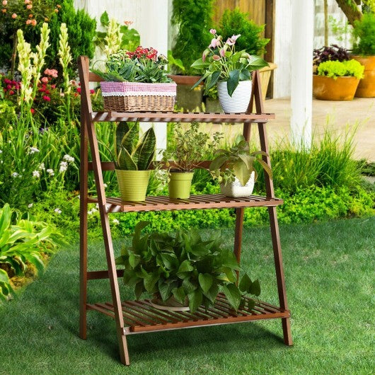 3-Tier Bamboo Ladder Shelf Foldable Plant Flower Bookshelf-Brown W2B