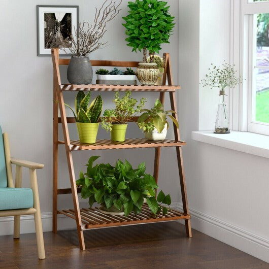 3-Tier Bamboo Ladder Shelf Foldable Plant Flower Bookshelf-Brown W2B