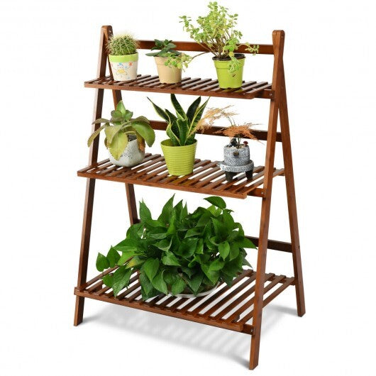 3-Tier Bamboo Ladder Shelf Foldable Plant Flower Bookshelf-Brown W2B