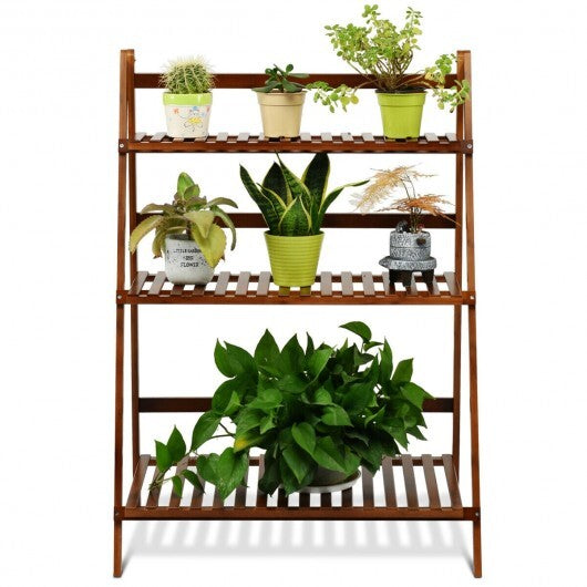 3-Tier Bamboo Ladder Shelf Foldable Plant Flower Bookshelf-Brown W2B