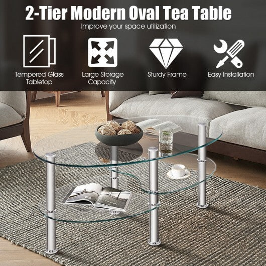 Tempered Glass Oval Side Coffee Table-Transparent - Color: Transparent W2B