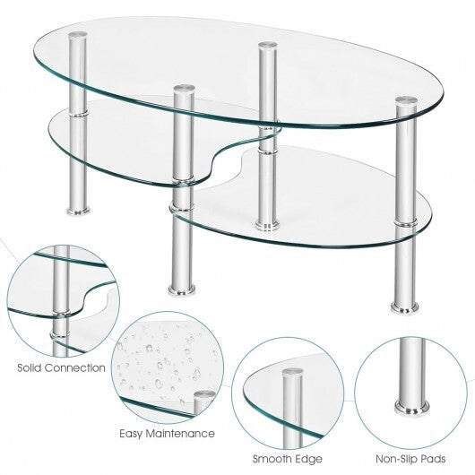 Tempered Glass Oval Side Coffee Table-Transparent - Color: Transparent W2B