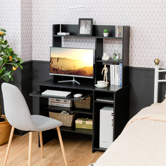 Home Office Computer Desk with Bookcase Keyboard Tray and CPU Stand-White W2B