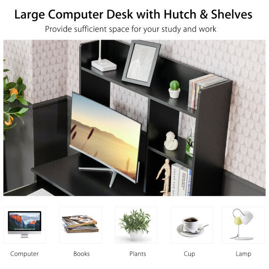 Home Office Computer Desk with Bookcase Keyboard Tray and CPU Stand-White W2B