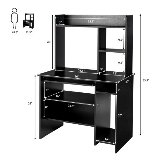 Home Office Computer Desk with Bookcase Keyboard Tray and CPU Stand-White W2B