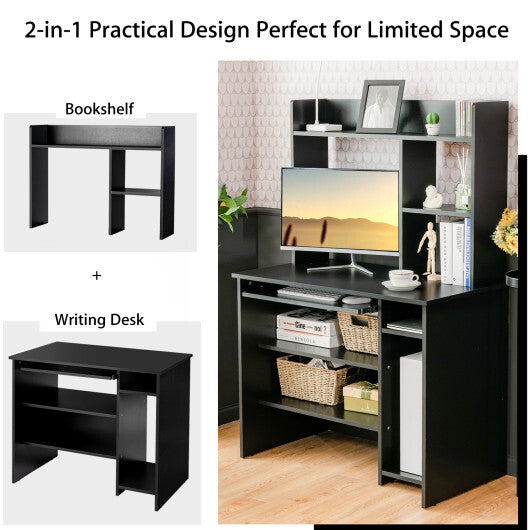 Home Office Computer Desk with Bookcase Keyboard Tray and CPU Stand-White W2B