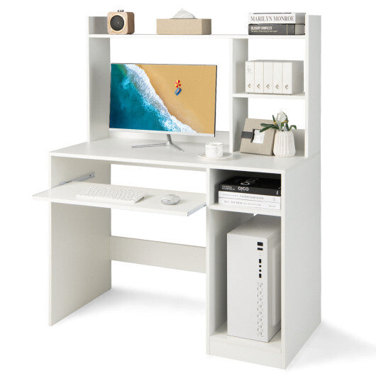 Home Office Computer Desk with Bookcase Keyboard Tray and CPU Stand-White W2B