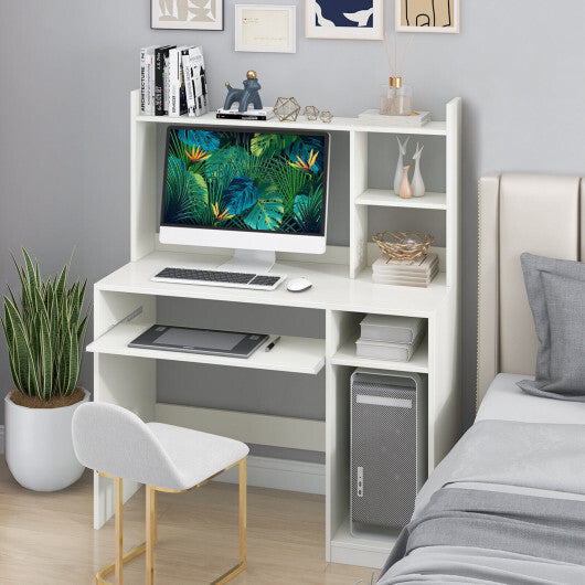 Home Office Computer Desk with Bookcase Keyboard Tray and CPU Stand-White W2B