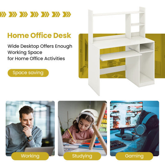 Home Office Computer Desk with Bookcase Keyboard Tray and CPU Stand-White W2B