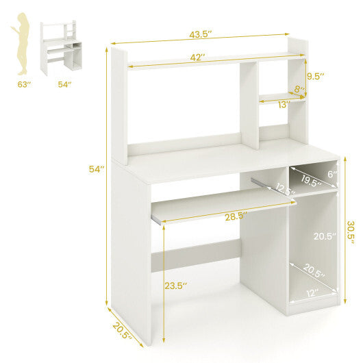 Home Office Computer Desk with Bookcase Keyboard Tray and CPU Stand-White W2B