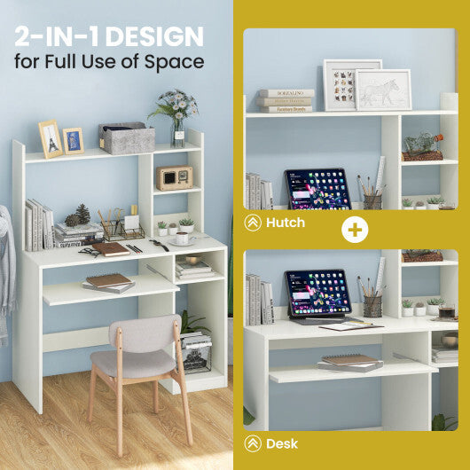 Home Office Computer Desk with Bookcase Keyboard Tray and CPU Stand-White W2B