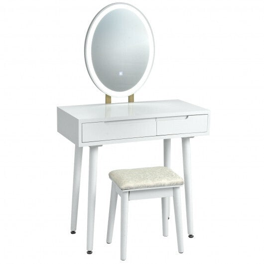 Touch Screen Vanity Makeup Table Stool Set with Lighted Mirror-White W2B