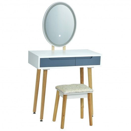 Touch Screen Vanity Makeup Table Stool Set with Lighted Mirror-White