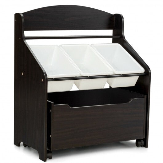 Kids Wooden Toy Storage Unit Organizer with Rolling Toy Box and Plastic Bins-Espresso - Color: Dark Brown W2B