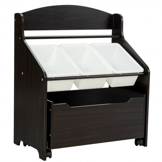 Kids Wooden Toy Storage Unit Organizer with Rolling Toy Box and Plastic Bins-Natural