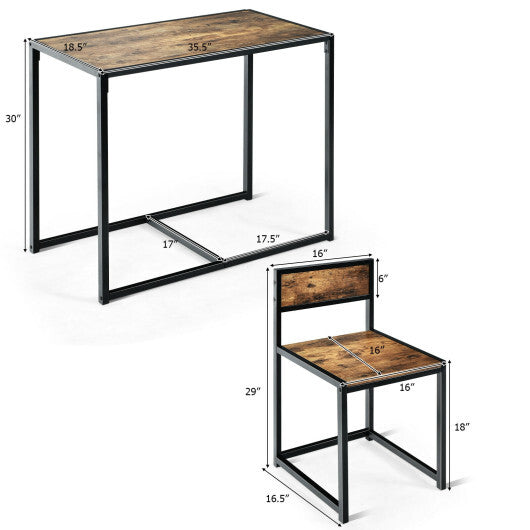 3 Pieces Dining Set Compact Table and 2 Chair with Metal Frame for Small Space-Oak