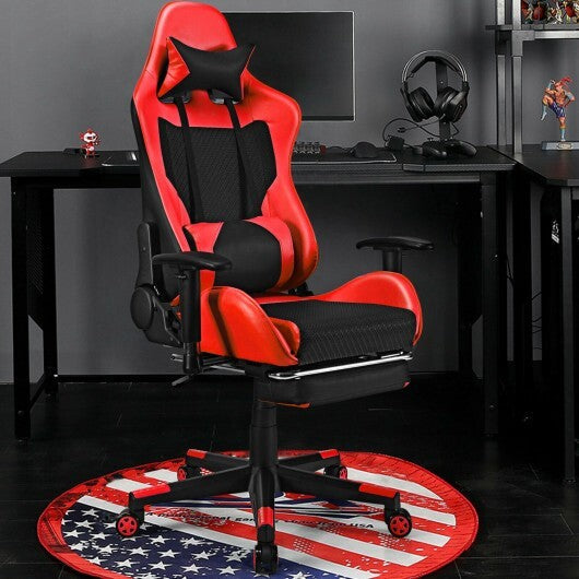 PU Leather Gaming Chair with USB Massage Lumbar Pillow and Footrest -Pink W2B