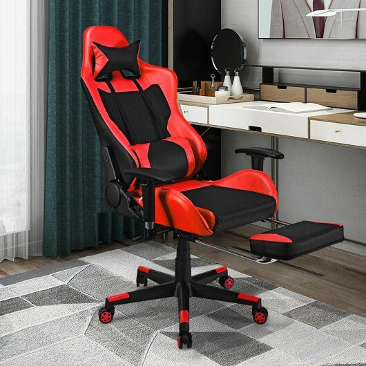 PU Leather Gaming Chair with USB Massage Lumbar Pillow and Footrest -Pink W2B