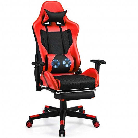 PU Leather Gaming Chair with USB Massage Lumbar Pillow and Footrest -Pink W2B