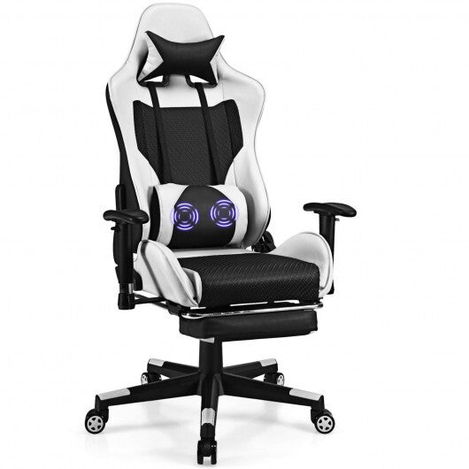 PU Leather Gaming Chair with USB Massage Lumbar Pillow and Footrest -Pink W2B