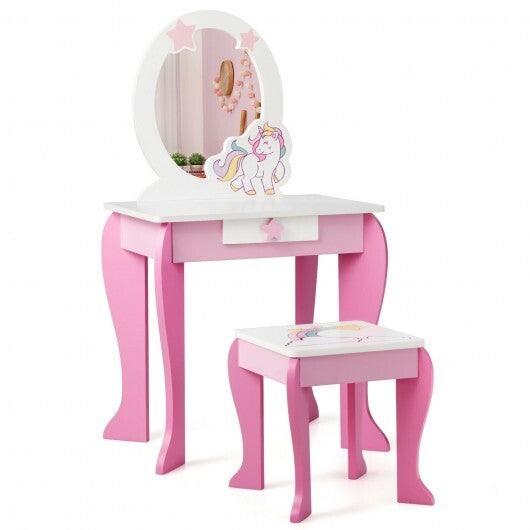 Kids Wooden Makeup Dressing Table and Chair Set with Mirror and Drawer-Pink - Color: Pink W2B