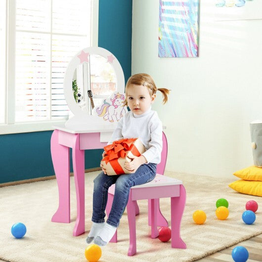 Kids Wooden Makeup Dressing Table and Chair Set with Mirror and Drawer-Pink - Color: Pink W2B