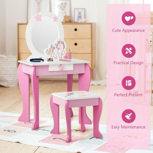 Kids Wooden Makeup Dressing Table and Chair Set with Mirror and Drawer-Pink - Color: Pink W2B