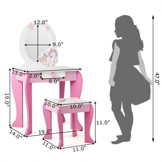 Kids Wooden Makeup Dressing Table and Chair Set with Mirror and Drawer-Pink - Color: Pink W2B
