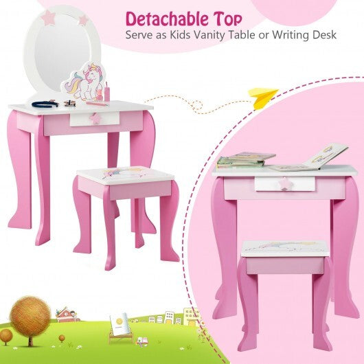 Kids Wooden Makeup Dressing Table and Chair Set with Mirror and Drawer-Pink - Color: Pink W2B