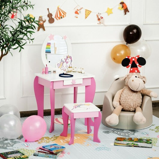 Kids Wooden Makeup Dressing Table and Chair Set with Mirror and Drawer-Pink W2B