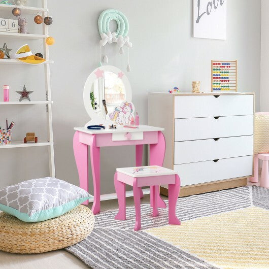 Kids Wooden Makeup Dressing Table and Chair Set with Mirror and Drawer-Pink W2B